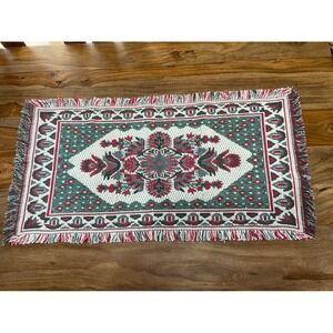 Bohemian Floral Woven Red Green White Fringe Table Runner Accent Mat